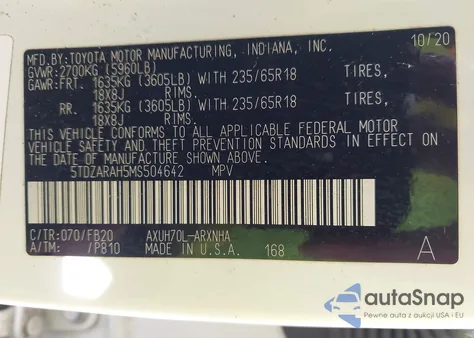 2021 Toyota Highlander Hybrid Le from USA, damaged, VIN 5TDZARAH5MS504642